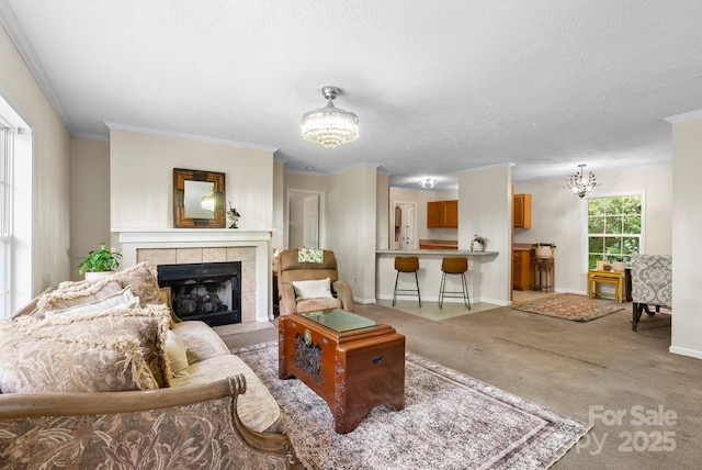 370 Fox Cove Rd, Mars Hill, NC 28754 - living room with a chandelier, a fireplace, crown molding, a textured ceiling, and light carpet
