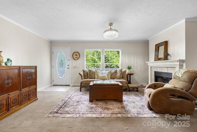 370 Fox Cove Rd, Mars Hill, NC 28754 - carpeted living area with a fireplace, ornamental molding, a textured ceiling, and baseboards