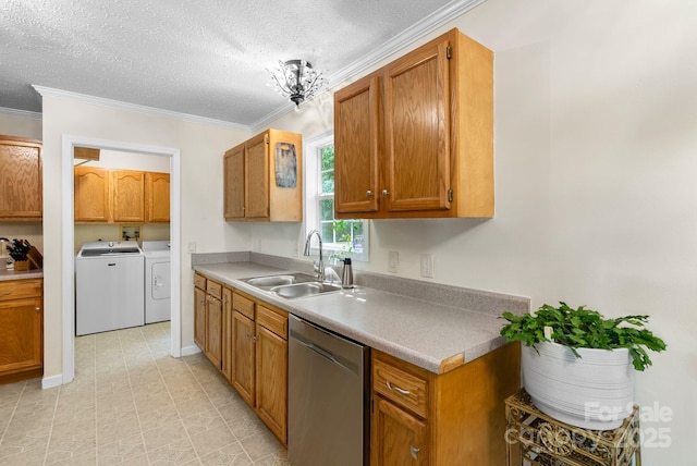 370 Fox Cove Rd, Mars Hill, NC 28754 - kitchen with dishwasher, washing machine and dryer, a sink, crown molding, and a textured ceiling