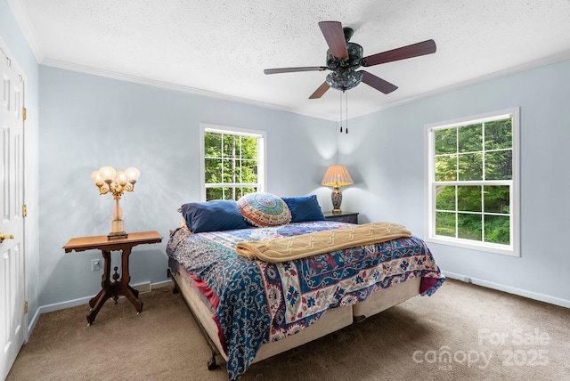 370 Fox Cove Rd, Mars Hill, NC 28754 - carpeted bedroom with ornamental molding, baseboards, a textured ceiling, and ceiling fan