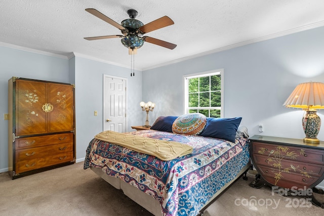 370 Fox Cove Rd, Mars Hill, NC 28754 - carpeted bedroom with crown molding, a textured ceiling, ceiling fan, and baseboards