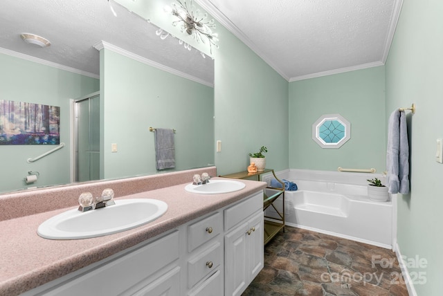 370 Fox Cove Rd, Mars Hill, NC 28754 - bathroom with a textured ceiling, stone finish floors, a bath, double vanity, and a shower stall