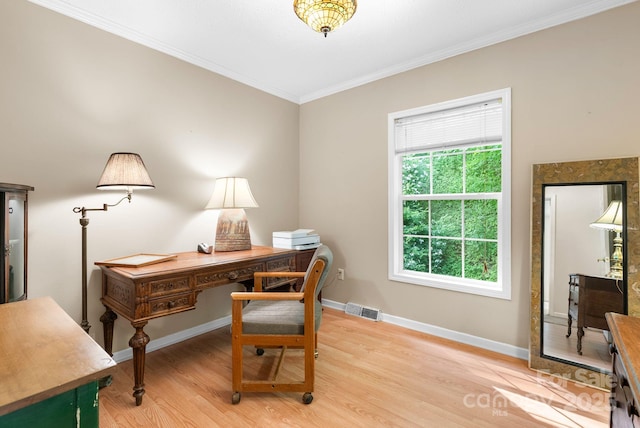 370 Fox Cove Rd, Mars Hill, NC 28754 - home office with ornamental molding, light wood finished floors, and baseboards