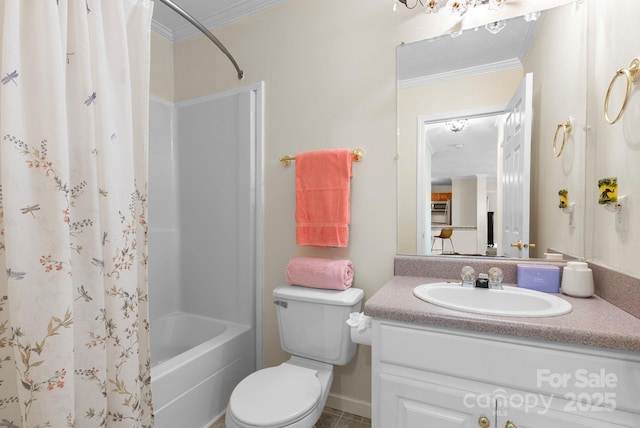 370 Fox Cove Rd, Mars Hill, NC 28754 - bathroom featuring ornamental molding, vanity, toilet, and shower / tub combo with curtain