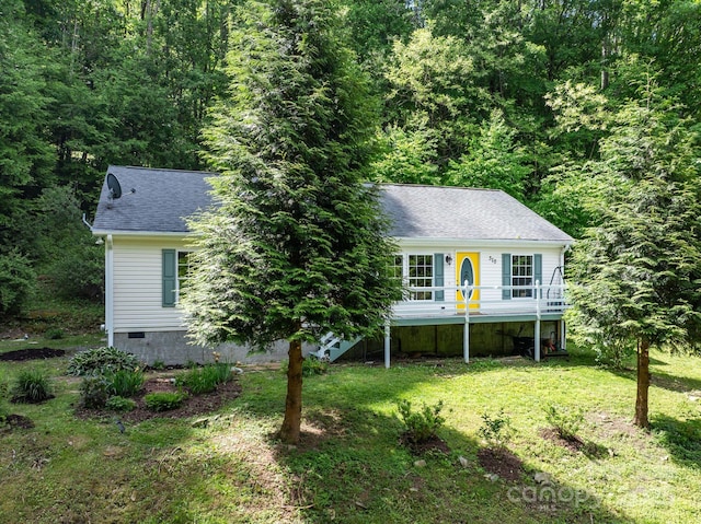 370 Fox Cove Rd, Mars Hill, NC 28754 - view of front facade with a front yard, roof with shingles, a forest view, and stairs