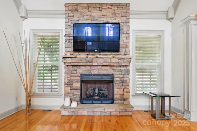 1705 Townsend Ln, Rock Hill, SC 29730 - detailed view of wood finished floors, a fireplace, baseboards, and ornamental molding