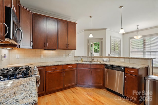 1705 Townsend Ln, Rock Hill, SC 29730 - kitchen featuring stainless steel appliances, a sink, a peninsula, light wood-style floors, and ornamental molding