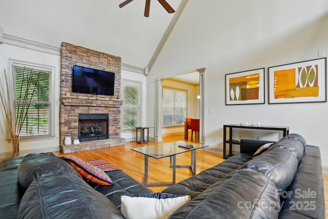 1705 Townsend Ln, Rock Hill, SC 29730 - living area featuring ceiling fan, wood finished floors, ornate columns, healthy amount of natural light, and high vaulted ceiling
