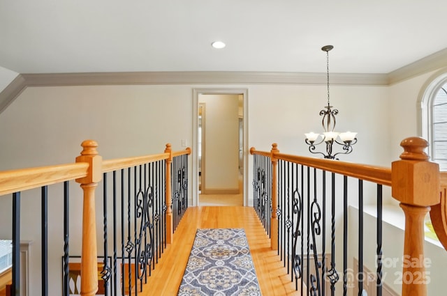 1705 Townsend Ln, Rock Hill, SC 29730 - hallway with a chandelier, an upstairs landing, wood finished floors, and recessed lighting