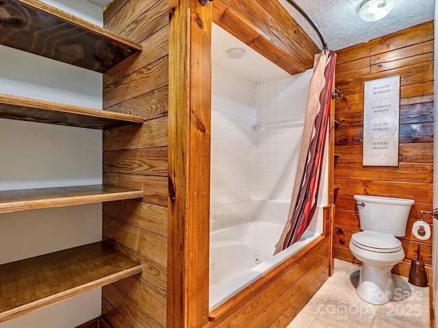 287 Sara Ridge Rd, Waynesville, NC 28786 - full bathroom featuring toilet, a combined bath / shower with jetted tub, wooden walls, and tile patterned flooring