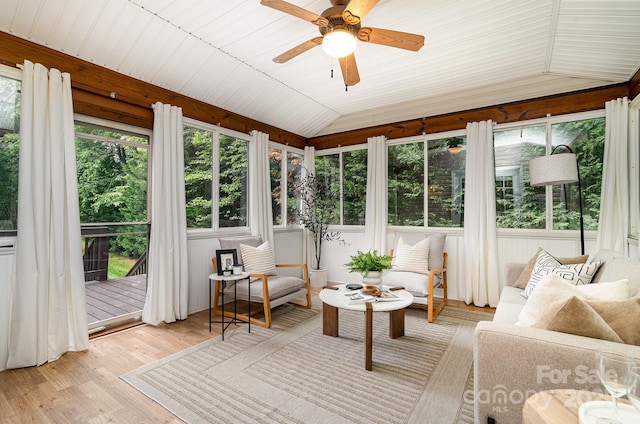 2504 Korbel Ct, Waxhaw, NC 28173 - sunroom with a wooden deck, lofted ceiling, wood finished floors, outdoor lounge area, and a ceiling fan