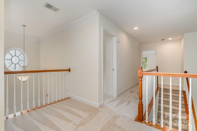 2504 Korbel Ct, Waxhaw, NC 28173 - hall featuring an upstairs landing, healthy amount of natural light, carpet, ornamental molding, and recessed lighting