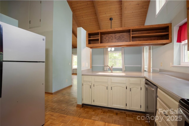 1 Spring Rd, Spruce Pine, NC 28777 - kitchen with freestanding refrigerator, open shelves, a sink, dishwasher, and wood ceiling