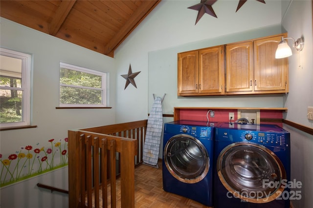 1 Spring Rd, Spruce Pine, NC 28777 - laundry room featuring independent washer and dryer, wood ceiling, and cabinet space