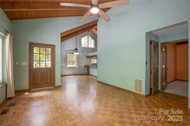 1 Spring Rd, Spruce Pine, NC 28777 - unfurnished living room with a ceiling fan, baseboards, high vaulted ceiling, beam ceiling, and wooden ceiling