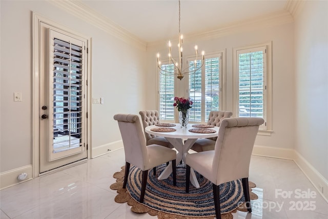1056 James Madison Dr, Matthews, NC 28104 - dining area featuring tile patterned floors, a chandelier, ornamental molding, and baseboards
