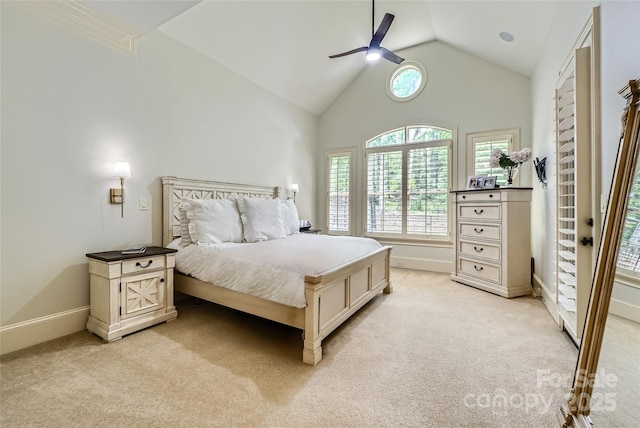 1056 James Madison Dr, Matthews, NC 28104 - bedroom featuring light colored carpet, baseboards, a ceiling fan, and high vaulted ceiling