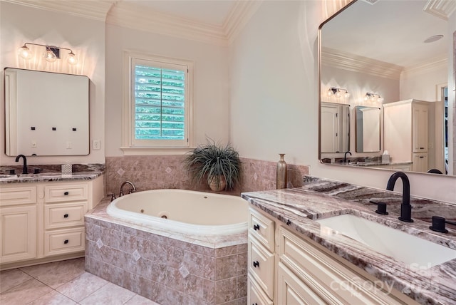 1056 James Madison Dr, Matthews, NC 28104 - full bathroom featuring a tub with jets, crown molding, two vanities, and tile patterned floors