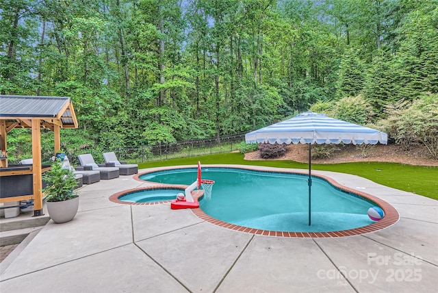 1056 James Madison Dr, Matthews, NC 28104 - view of pool featuring a patio area, a pool with connected hot tub, and a forest view