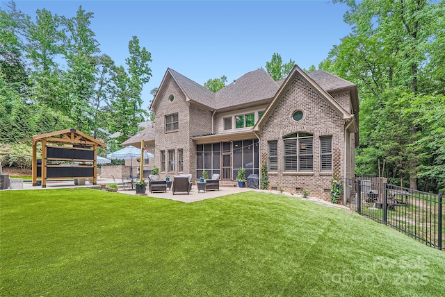 1056 James Madison Dr, Matthews, NC 28104 - back of property with outdoor lounge area, a sunroom, brick siding, a patio area, and a shingled roof