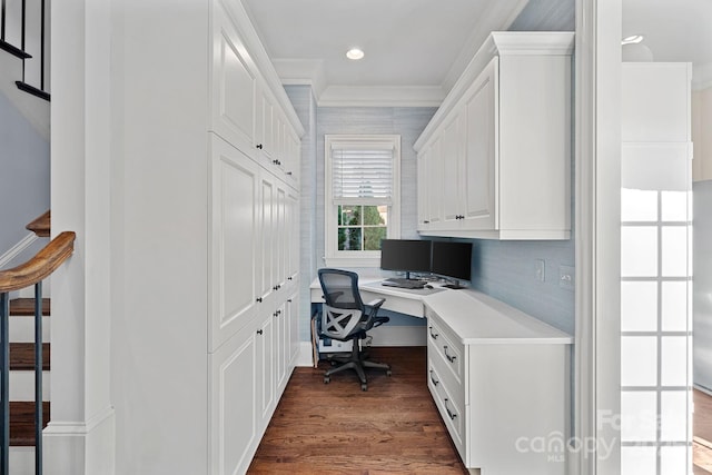 18718 Peninsula Cove Ln, Cornelius, NC 28031 - office space featuring built in desk, ornamental molding, dark wood-type flooring, baseboards, and recessed lighting