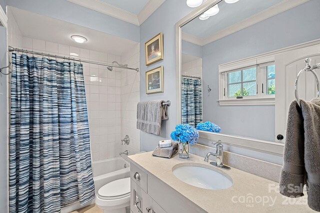 18718 Peninsula Cove Ln, Cornelius, NC 28031 - bathroom featuring vanity, shower / tub combo with curtain, toilet, and crown molding