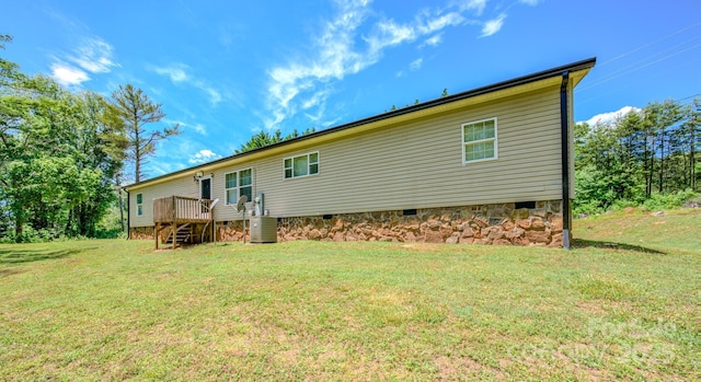 4065 NC-126 Hwy, Morganton, NC 28655 - back of property featuring crawl space, stairs, a deck, and a yard
