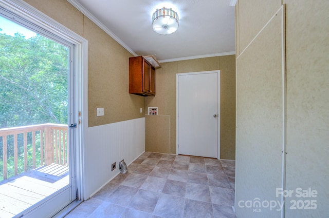4065 NC-126 Hwy, Morganton, NC 28655 - washroom featuring cabinet space, hookup for a washing machine, ornamental molding, stone finish floors, and wainscoting