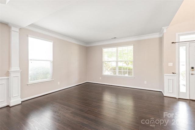 4352 Haddington Dr, Fort Mill, SC 29707 - entryway featuring ornate columns, dark wood-type flooring, and crown molding