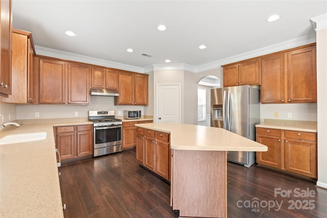 4352 Haddington Dr, Fort Mill, SC 29707 - kitchen with appliances with stainless steel finishes, a sink, arched walkways, under cabinet range hood, and a kitchen island