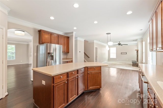 4352 Haddington Dr, Fort Mill, SC 29707 - kitchen featuring stainless steel refrigerator with ice dispenser, open floor plan, ceiling fan, crown molding, and dark wood-type flooring