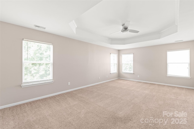 4352 Haddington Dr, Fort Mill, SC 29707 - spare room featuring a tray ceiling, a ceiling fan, light colored carpet, and baseboards