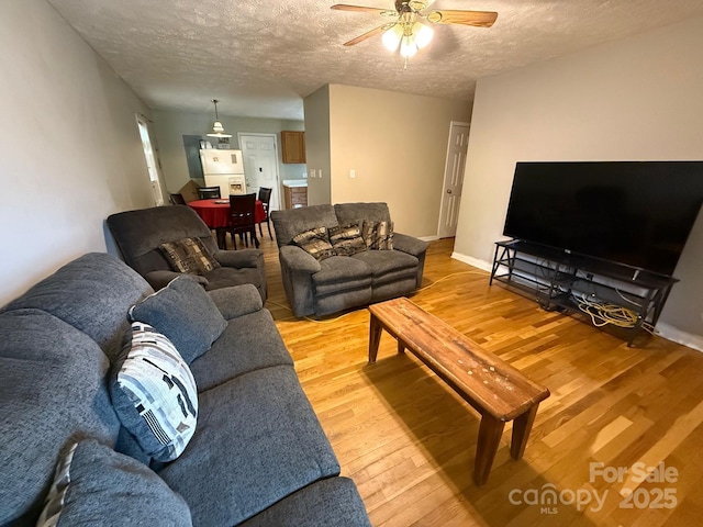 405 Jose St, Shelby, NC 28150 - living area featuring light wood finished floors, a ceiling fan, a textured ceiling, and baseboards