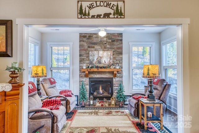 153 Water Leaf Dr, Weaverville, NC 28787 - living room featuring ceiling fan and a fireplace