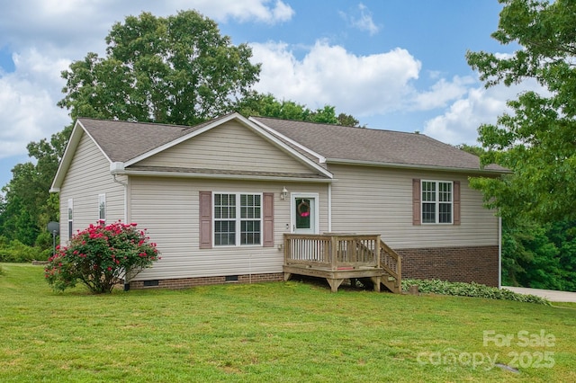 6079 Little River Ct, Granite Falls, NC 28630 - view of front of house with crawl space, a front yard, a deck, and a shingled roof