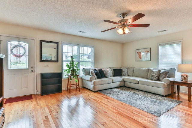 6079 Little River Ct, Granite Falls, NC 28630 - living room featuring light wood-type flooring, a textured ceiling, and a ceiling fan