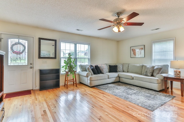 6079 Little River Ct, Granite Falls, NC 28630 - living room with light wood-style floors, a textured ceiling, and ceiling fan