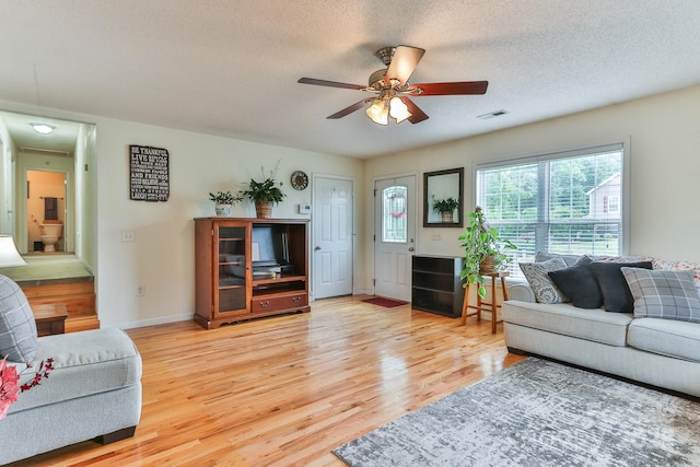 6079 Little River Ct, Granite Falls, NC 28630 - living area featuring light wood-type flooring, ceiling fan, a textured ceiling, and baseboards