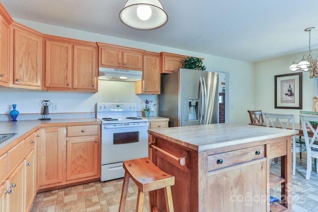 6079 Little River Ct, Granite Falls, NC 28630 - kitchen with white electric range oven, stainless steel refrigerator with ice dispenser, under cabinet range hood, and a kitchen bar
