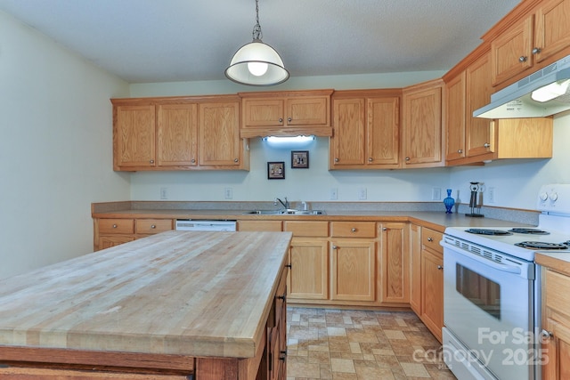 6079 Little River Ct, Granite Falls, NC 28630 - kitchen featuring white appliances, a sink, under cabinet range hood, butcher block counters, and hanging light fixtures