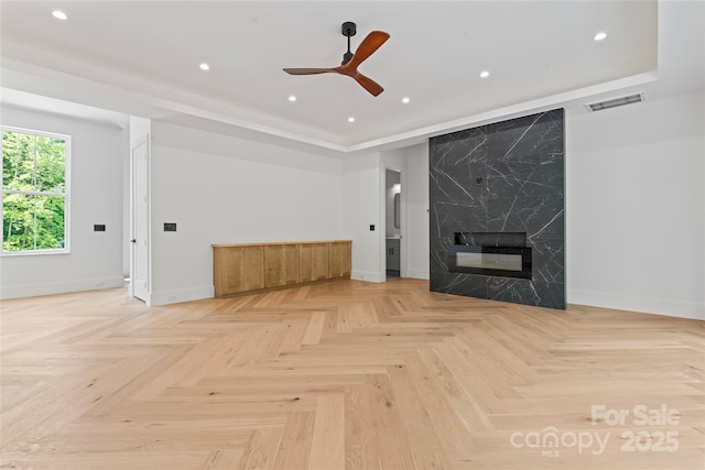 3078 Mountain Creek Dr, Sherrills Ford, NC 28673 - unfurnished living room featuring baseboards, a ceiling fan, recessed lighting, and a premium fireplace
