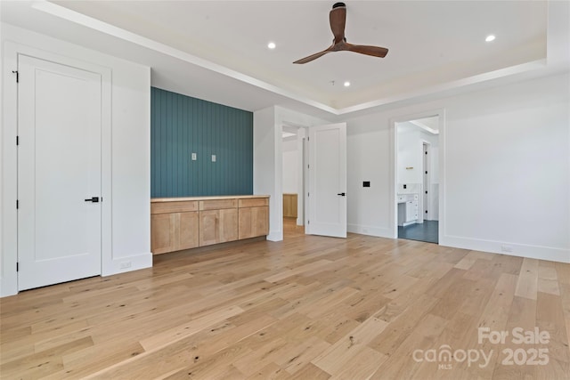 3078 Mountain Creek Dr, Sherrills Ford, NC 28673 - unfurnished bedroom with a raised ceiling, light wood finished floors, recessed lighting, baseboards, and a ceiling fan