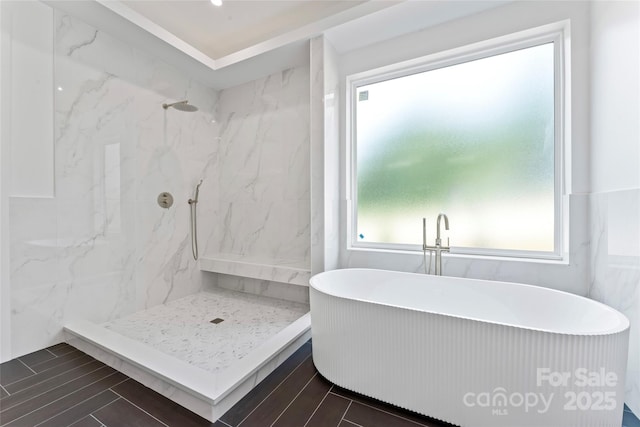 3078 Mountain Creek Dr, Sherrills Ford, NC 28673 - full bath featuring a marble finish shower, a freestanding tub, and wood tiled floors