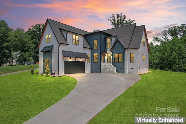 3078 Mountain Creek Dr, Sherrills Ford, NC 28673 - modern farmhouse style home featuring roof with shingles, driveway, a garage, and a front yard