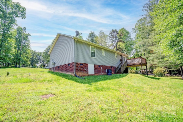 1170 Scenic Dr, Shelby, NC 28150 - view of side of home featuring a deck, stairs, crawl space, cooling unit, and a lawn