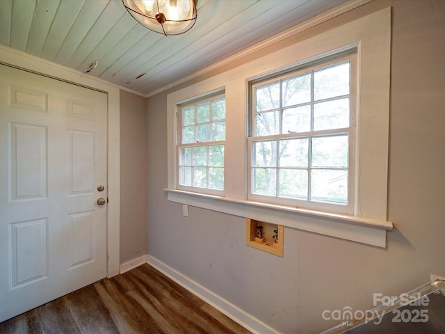 318 Chestnut Ave, Kannapolis, NC 28081 - entrance foyer featuring baseboards, dark wood finished floors, wood ceiling, and crown molding