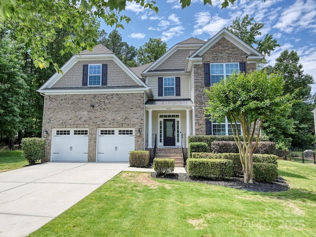 9507 Reid Hall Ln, Matthews, NC 28105 - view of front of property featuring a front lawn, concrete driveway, brick siding, an attached garage, and a standing seam roof