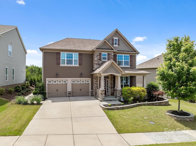 2835 Berkhamstead Cir, Concord, NC 28027 - craftsman-style home featuring stone siding, a garage, concrete driveway, and a front yard