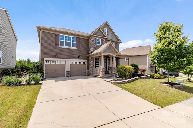 2835 Berkhamstead Cir, Concord, NC 28027 - craftsman house with stone siding, a garage, concrete driveway, and a front yard