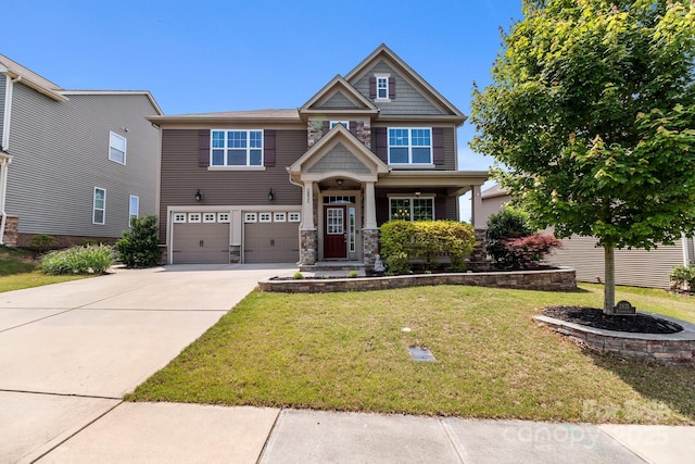 2835 Berkhamstead Cir, Concord, NC 28027 - craftsman-style home with an attached garage, stone siding, concrete driveway, and a front yard